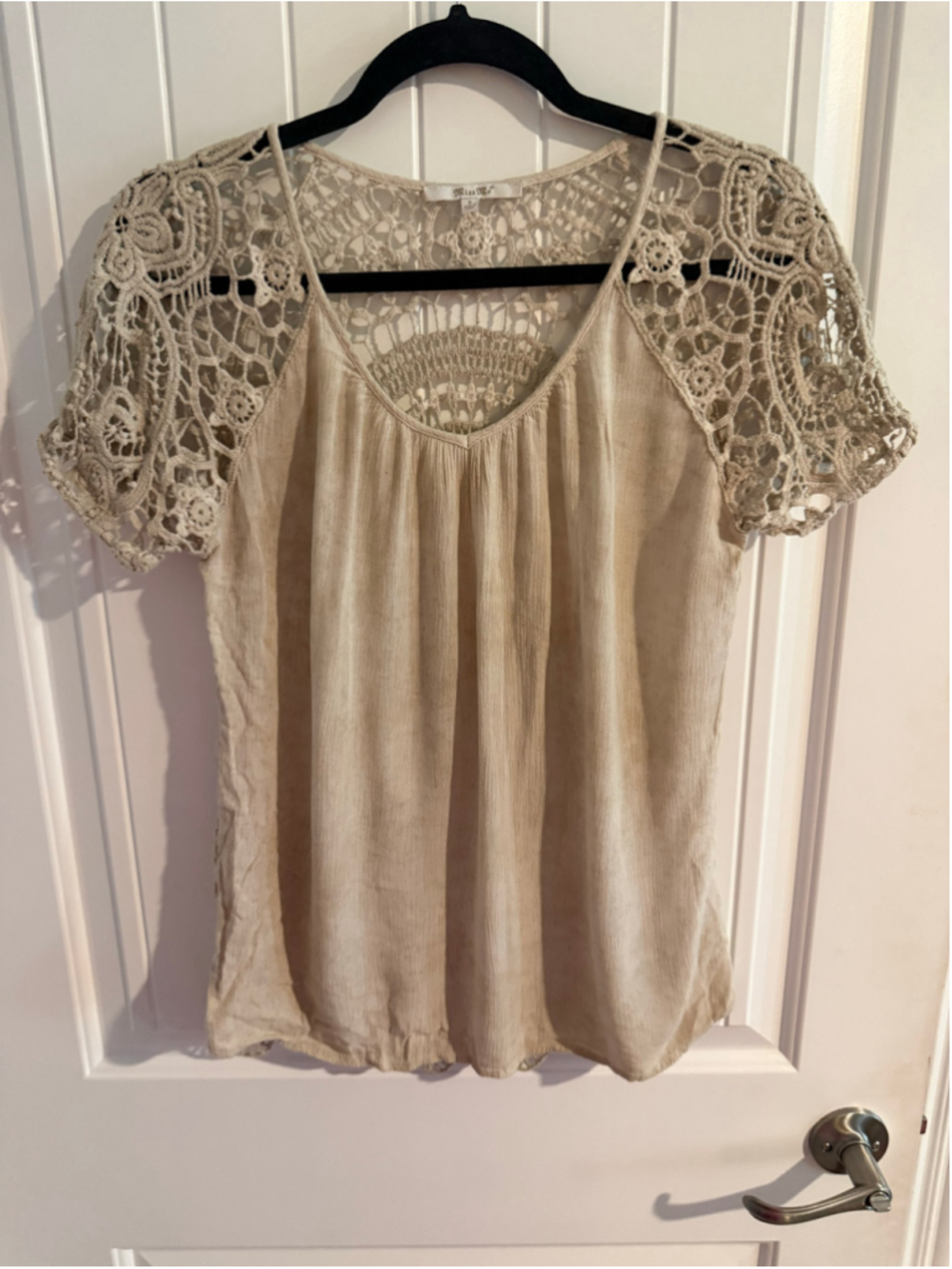 Women's Miss Me Crochet Short Sleeve Tee Beige Size S